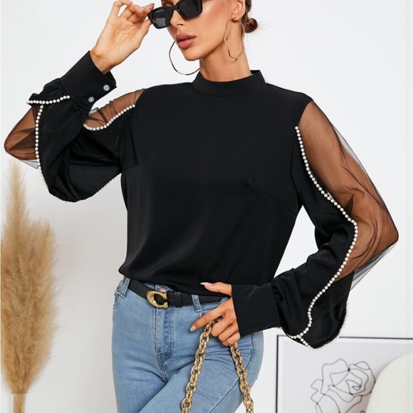 Elegant Sheer Mesh Long Sleeve Pearls Beaded Mock Neck Blouse Blue - Picture 6 of 14